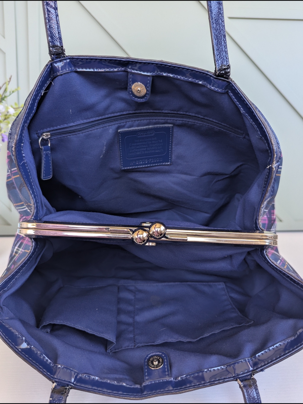 Coach Navy Plaid Tote with Pink and White Accents - Picture 11 of 14